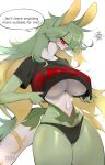  absurd_res anthro anthrofied big_breasts blush breasts clothed clothing dialogue embarrassed english_text female generation_5_pokemon green_body green_hair hair hi_res nintendo open_mouth panties pokemon pokemon_(species) red_eyes serperior shirt simple_background solo tail text topwear underwear yuio 