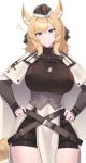  1girl ? animal_ear_fluff animal_ears arknights black_headwear blonde_hair blue_eyes breasts cape commentary cowboy_shot hands_on_own_hips hat head_tilt highres horse_ears horse_girl horse_tail kanta_(kanta_077) large_breasts long_hair long_sleeves looking_at_viewer mini_hat simple_background smile solo tail whislash_(arknights) white_background white_cape 