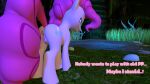  16:9 3d_(artwork) 4k absurd_res anus bodily_fluids comic dialogue digital_media_(artwork) dripping earth_pony english_text equid equine female feral forest forest_background friendship_is_magic genital_fluids genitals hasbro hi_res horse looking_at_object looking_down mammal my_little_pony nature nature_background olkategrin outside pinkie_pie_(mlp) plant pond pony pussy pussy_juice pussy_juice_drip pussy_leak rock sad solo source_filmmaker standing talking_to_self text tree water widescreen 