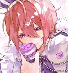  1boy blush bow cape crown daifugo_happy ensemble_stars! flower food formal fur-trimmed_cape fur_trim highres holding holding_food macaron male_focus mini_crown parted_lips purple_bow purple_eyes purple_flower purple_theme red_hair shirt short_hair solo suou_tsukasa teeth white_background white_cape white_shirt 