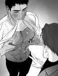 2boys abs bara beware_the_ides_of_march blush closed_eyes clothes_lift greyscale highres kim_nak-won large_pectorals looking_at_another male_focus monochrome multiple_boys muscular muscular_male navel nipple_tweak nipples pants park_mokhwa pectorals shirt shirt_lift short_hair yaoi 