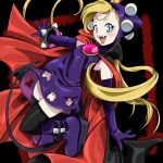  1girl :d black_background black_cape blonde_hair blue_eyes bracelet brooch cape commentary_request crown demon_tail dress elbow_gloves full_body gloves highres hood hood_up hooded_dress jewelry long_hair looking_at_viewer mario_power_tennis mini_crown open_mouth outstretched_arms platform_footwear purple_dress purple_footwear purple_gloves slit_pupils smile solo spiked_bracelet spikes tail very_long_hair warupeach yozora 
