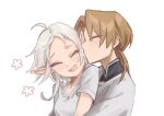  1boy 1girl absurdres ahoge closed_eyes couple donats elf hetero highres hug husband_and_wife kiss kissing_cheek light_brown_hair mole mole_under_eye mushoku_tensei pointy_ears shirt short_hair white_background white_hair white_shirt 