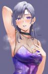  1girl absurdres armpits artist_name black_choker blush breasts choker cleavage dress earrings glitter grey_background highres jewelry large_breasts looking_at_viewer medium_hair mymzi original parted_bangs purple_dress purple_eyes purple_hair purple_lips simple_background smell solo sweat teeth 