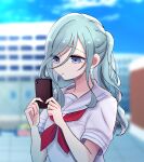  1girl blue_eyes blue_hair blue_sky blurry blurry_background breast_pocket building cellphone closed_mouth commentary_request day doraimon0312 eyes_visible_through_hair hair_between_eyes highres hinomori_shizuku holding holding_phone light_blue_hair long_bangs long_hair looking_at_phone miyamasuzaka_girls&#039;_academy_school_uniform neckerchief outdoors partial_commentary phone pocket ponytail project_sekai red_neckerchief sailor_collar school_uniform serafuku short_sleeves sidelocks sky smartphone solo summer_uniform wavy_hair white_sailor_collar white_serafuku 