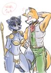  &lt;3 anthro armor blue_body blue_fur blue_hair blush blush_lines bodily_fluids bottomwear breasts canid canine cleavage clothed clothing dialogue dipstick_tail duo female flirting fox fox_mccloud fur green_bottomwear green_clothing green_pants green_topwear grey_clothing grey_topwear hair hand_behind_head head_tuft hi_res jewelry krystal loincloth male mammal markings metal_bikini necklace nintendo orange_body orange_fur pants red_scarf scarf shy simple_background star_fox sweat sweatdrop tail tail_markings text thick_thighs tlacuachescum topwear tuft white_background white_body white_fur wide_hips 