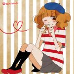  1girl bandana beret black_socks blue_headwear blunt_bangs blush brown_eyes brown_hair closed_mouth grey_skirt hat one_eye_closed pink_bandana pleated_skirt pop&#039;n_music red_footwear rie-chan ritard shirt short_hair short_sleeves sitting skirt smile socks solo striped striped_background striped_shirt twitter_username vertical_stripes 