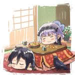  2girls bird black_hair closed_eyes closed_mouth crow cup food fruit fukube green_tea hairband high_collar indoors kogarasumaru_(tenka_hyakken) kotatsu light_purple_hair lying mandarin_orange multiple_girls on_stomach orange_peel pointy_ears short_hair sleeping sliding_doors steam table tea tenka_hyakken thick_eyebrows type_32_guntou-kou under_kotatsu under_table yunomi 