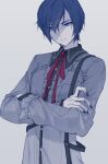  1boy 25-ji_kaito 25-ji_nightcord_de._(project_sekai) a_m_m_a blue_eyes blue_hair blue_nails buttons closed_mouth collared_shirt commentary crossed_arms dark_blue_hair fingernails grey_background kaito_(vocaloid) long_sleeves male_focus neck_ribbon project_sekai red_ribbon ribbon shirt short_hair simple_background solo upper_body vocaloid 