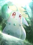  :o asakirirokuyu bloom blurry blurry_background chestnut_mouth chikorita commentary_request day grass highres leaf lens_flare light_particles light_rays no_humans open_mouth outdoors pokemon pokemon_(creature) red_eyes solo sunlight tree 