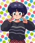  1girl black_sweater blue_hair blush double_v open_mouth polka_dot polka_dot_background ranma_1/2 short_hair skirt solo sweater tendou_akane v wanta_(futoshi) yellow_eyes 