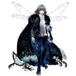 1boy arthropod_limbs black_pants blue_eyes bug cape clawed_feet collared_shirt crown fairy_wings fate/grand_order fate_(series) grey_hair highres insect_wings long_sleeves oberon_(fate) oberon_(third_ascension)_(fate) official_art oversized_insect pants shirt umino_chika wings 