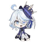  1girl ahoge ascot asymmetrical_gloves black_ascot black_gloves blue_eyes blue_headwear blush can chibi cropped_legs furina_(genshin_impact) genshin_impact gloves hair_between_eyes hat highres holding holding_can kekek long_sleeves looking_at_viewer mismatched_pupils open_mouth pocari_sweat shorts simple_background solo sweat thigh_strap top_hat white_background white_gloves white_shorts 
