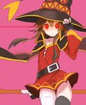  1girl :o bandages belt black_thighhighs brown_hair cape collar commentary_request dress fingerless_gloves gloves glowing glowing_eyes hair_between_eyes hand_on_headwear hat kono_subarashii_sekai_ni_shukufuku_wo! long_sleeves looking_at_viewer megumin open_mouth pink_background red_eyes revision short_hair sidelocks simple_background single_thighhigh sitting solo staff thighhighs witch_hat yuuki_(irodo_rhythm) 