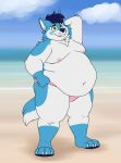  anthro beach blue_hair canid canine canis clothing domestic_dog green_eyes hair hand_behind_head husky hybrid male mammal moobs navel nordic_sled_dog overweight overweight_anthro overweight_male pose posing_for_picture sand seaside shikakaka solo speedo spitz swimwear wintie wolf 