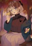  1girl absurdres black_bow black_shirt blonde_hair blue_eyes bow coat collar frilled_collar frills hair_bow hair_ornament hairpin head_tilt highres holding holding_leaf leaf long_skirt long_sleeves millie_parfait nijisanji nijisanji_en off_shoulder open_mouth sakai_eri_(illustratoreri) shirt shirt_tucked_in short_hair skirt solo virtual_youtuber white_skirt 