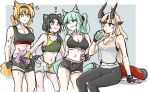  ! 4girls :3 alternate_costume anger_vein animal_ears aqua_hair arknights astrograph21 bare_arms bare_shoulders black_gloves black_hair black_hairband black_pants black_shorts blonde_hair blue_eyes breasts cat_ears cleavage commentary crop_top feet_out_of_frame fingerless_gloves gloves green_eyes grey_eyes grey_shorts hairband harmonie_(arknights) horn_(arknights) horns leggings long_hair low_ponytail mandragora_(arknights) medium_breasts midriff multiple_girls navel open_fly pants reed_(arknights) shirt short_shorts shorts side_ponytail single-shoulder_shirt sitting sports_bra standing stomach tank_top thighs white_tank_top wolf_ears 