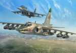  absurdres aircraft airplane blue_sky cloud fighter_jet flying highres jet military military_vehicle mirroraptor missile original rocket_launcher russo-ukrainian_war scenery sky su-25 su-34 vehicle_focus weapon 