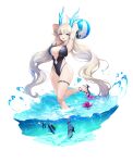  1girl :o ahoge armlet armpits arms_behind_head ball bare_arms bare_legs bare_shoulders beachball bikini black_footwear black_one-piece_swimsuit blue_eyes breasts casual_one-piece_swimsuit center_opening dragon_girl dragon_horns eversoul fish flower full_body game_cg hair_between_eyes high_heels highres holding holding_ball holding_beachball honglan_(eversoul) horns large_breasts long_hair looking_at_viewer mole mole_on_breast mole_under_eye o-ring o-ring_bikini ocean official_alternate_costume official_alternate_hairstyle official_art one-piece_swimsuit open_mouth red_flower solo splashing standing standing_on_one_leg swimsuit tachi-e thigh_strap thighs transparent_background tropical_fish twintails white_hair wristlet 