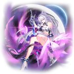  1girl bare_legs bare_shoulders earth_(planet) full_body gloves high_heels holding holding_sword holding_weapon honkai_(series) honkai_impact_3rd kiana_kaslana kiana_kaslana_(herrscher_of_finality) long_hair moon official_art planet purple_eyes sword thigh_strap third-party_source weapon white_hair 