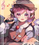  1girl animal_ears beamed_sixteenth_notes bird_ears bird_wings bow bowtie brown_dress brown_headwear dress eighth_note feathered_wings fingernails hat highres juliet_sleeves long_fingernails long_sleeves looking_at_viewer meimei_(meimei89008309) microphone mob_cap music musical_note mystia_lorelei nail_polish open_mouth pink_eyes pink_hair puffy_sleeves red_nails sharp_fingernails shirt short_hair singing solo touhou treble_clef upper_body white_bow white_bowtie white_shirt white_wings winged_hat wings 