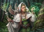  animal artist_name belt blonde_hair braid brown_belt dress fantasy flying_fox forest green_dress holding holding_staff hood katemaxpaint long_hair magic mushroom nature original outdoors pointy_ears runes shirt staff tree twin_braids watermark web_address white_shirt 