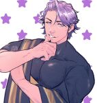  1boy black_shirt duryodhana_(fate) earrings facial_hair fate/grand_order fate_(series) gas_pai goatee highres jewelry looking_at_viewer male_focus mature_male muscular muscular_male necklace pectorals purple_eyes purple_hair sash shirt short_hair shoulder_sash solo starry_background white_background 