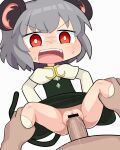  1boy 1girl animal_ears bar_censor blush bright_pupils capelet censored clothed_sex commentary cookie_(touhou) crystal flat_chest grey_hair grey_skirt grey_vest hetero hospital_king jewelry leg_grab long_sleeves medium_bangs mouse_ears mouse_girl mouse_tail nazrin no_panties nyon_(cookie) open_mouth pendant penis pussy red_eyes sex shirt short_hair simple_background skirt skirt_set socks solo_focus tail textless_version touhou v-shaped_eyebrows vaginal vest white_background white_capelet white_pupils white_shirt white_socks 