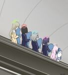  5girls ahoge animal_ears black_hair blue_archive blue_jacket cat_ears collared_shirt commentary_request escalator foreclosure_task_force_(blue_archive) grey_hair halo hifumi_(blue_archive) highres holding holding_stuffed_toy hoshino_(blue_archive) jacket multiple_girls nonomi_(blue_archive) photo-referenced pink_hair plaid plaid_skirt pleated_skirt pointy_ears school_uniform serika_(blue_archive) shiroko_(blue_archive) shirt short_hair skirt smile standing stuffed_animal stuffed_shark stuffed_toy twintails twitter_username white_shirt yellow_jacket yukko_(hcryh955) 