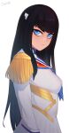  1girl :/ artist_name black_hair blue_eyes breasts closed_mouth darahan from_side junketsu kill_la_kill kiryuuin_satsuki large_breasts long_hair long_sleeves looking_at_viewer simple_background solo upper_body white_background 