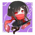  1girl black_gloves black_hair black_shirt black_skirt chibi commentary full_body gloves hair_ornament hairclip holding holding_weapon loafers long_hair long_sleeves print_scarf purple_background red_eyes red_scarf sayo_samonji_(tenka_hyakken) scarf scarf_over_mouth school_uniform shirt shoes short_sword sidelocks signature skirt solo sword tantou tenka_hyakken tubasa49 weapon 