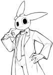  2023 :3 anthro black_and_white black_eyes blush blush_lines bottomwear clothed clothing coat hand_on_hip hi_res lagomorph leporid long_ears long_fingers long_sleeves looking_at_viewer male mammal monochrome necktie pants ra_tenpu rabbit shirt solo topwear trenchcoat undershirt unnamed_character 