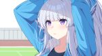  1girl adjusting_hair arms_up blue_archive blue_jacket blurry blurry_background blush closed_mouth collarbone commentary grey_hair highres jacket lips long_hair long_sleeves noa_(blue_archive) portrait purple_eyes reia_76 solo track_jacket twitter_username 