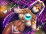  1girl beads blue_eyes breasts brown_nails candle crescent crystal_ball dark_skin fingernails highres jewelry large_breasts long_hair militia_minpei mole mole_on_breast mouth_veil nail_polish navel necklace original purple_hair revealing_clothes sky smile solo star_(sky) star_(symbol) starry_sky veil very_long_hair 