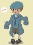  1boy :d black_eyes blue_headwear blue_jacket blue_necktie blue_sweater blush brown_footwear brown_hair cabbie_hat collared_shirt commentary_request flying_sweatdrops full_body green_shorts hands_up hat highres jacket kiwami_(kiwamimuneko) long_sleeves looking_at_viewer loose_necktie luke_triton male_focus necktie open_mouth oversized_clothes professor_layton professor_layton_and_the_unwound_future shirt shoes short_hair shorts shy smile socks solo speech_bubble spoken_blush standing sweater white_shirt white_socks yellow_background 