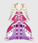  1girl beatrice_(re:zero) blonde_hair bow capelet closed_eyes closed_mouth crown drill_hair facing_viewer full_body fur-trimmed_capelet fur_trim grey_background hair_bow highres jacket long_sleeves mini_crown neck_ribbon pantyhose parted_bangs pink_bow pink_footwear prmsub purple_pantyhose re:zero_kara_hajimeru_isekai_seikatsu red_jacket ribbon shoes simple_background solo standing striped striped_pantyhose twin_drills twintails 