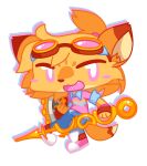  2021 ambiguous_gender anthro biped blue_clothing bottomwear brown_body brown_clothing brown_fur canid canine chibi clothing eyewear fangs footwear fox fur goggles hair holding_object holding_shield holding_weapon mammal open_mouth open_smile orange_body orange_clothing orange_fur orange_hair paws pink_clothing pink_eyes shield smile smiling_at_viewer solo tan_body tan_fur teeth topwear weapon yonkagor 
