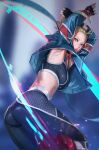  arms_up ass blonde_hair blue_eyes breasts cammy_white cropped_jacket fingerless_gloves gloves highres medium_breasts midriff pants parted_lips passimo sports_bra street_fighter street_fighter_6 tight_clothes tight_pants 