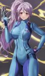  1girl amayo_thranana bodysuit breasts commission commissioner_upload cosplay fire_emblem fire_emblem:_genealogy_of_the_holy_war gun hand_on_own_hip highres holding holding_gun holding_weapon ishtar_(fire_emblem) purple_eyes purple_hair samus_aran samus_aran_(cosplay) skeb_commission weapon zero_suit 