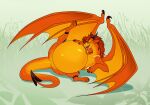  belly big_belly bulge cmitchell digestion dragon female feral gold hi_res horn long_tail orange_body orange_skin solo tail tommy_(disambiguation) victim vore wings 