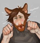  animal_humanoid beard brown_body brown_fur brown_hair cat_humanoid clothed clothing drawfee_(copyright) facial_hair fangs felid felid_humanoid feline feline_humanoid fetlock_flowers fur hair hi_res humanoid male mammal mammal_humanoid nathan_yaffe_(character) prick_ears shirt solo teeth topwear 