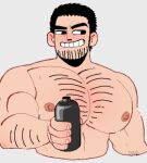  1boy alternate_pectoral_size bara beard_stubble black_hair blush cropped_torso darkandgoofy ear_blush holding huge_eyebrows huge_pectorals large_pectorals lowres lucas_lee male_focus muscular muscular_male nipples nude pectorals scott_pilgrim_takes_off short_hair sideways_glance smile solo sparse_chest_hair sweatdrop toon_(style) 