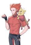  absurdres beard bin_(bottle_crown) blue_eyes blush collared_shirt commentary_request cowboy_shot dolustoy facial_hair fingerless_gloves flying_sweatdrops gloves hand_on_own_hip highres holding holding_poke_ball lysandre_(pokemon) male_focus mienfoo orange_hair poke_ball poke_ball_(basic) pokemon pokemon_(creature) pokemon_(game) pokemon_xy red_hair red_shirt shirt simple_background white_background 