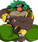  abs anthro ape bottomwear brown_body brown_fur bulge clothed clothing eyewear fingerless_gloves fur generation_8_pokemon gloves gorilla green_hair hair handwear haplorhine hi_res hyaku_(artist) jewelry long_hair male mammal muscular muscular_anthro muscular_male necklace nintendo partially_clothed pecs pokemon pokemon_(species) primate rillaboom shorts shorts_down solo sunglasses underwear 