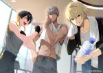  3boys abs arurandeisu black_gloves black_hair blonde_hair blue_eyes bottle collarbone copyright earrings exercise exposed_muscle giving gloves green_eyes grey_hair grin hair_between_eyes holostars jewelry kishido_temma looking_at_viewer male_focus multiple_boys muscular muscular_male navel official_art onimoti shirt sleeveless sleeveless_shirt smile sweat tan tassel tassel_earrings teeth towel towel_around_neck upper_body upper_teeth_only virtual_youtuber water_bottle workout_clothes yatogami_fuma yellow_eyes 