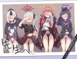  4girls absurdres aru_(blue_archive) asymmetrical_hair black_hair black_hoodie black_jacket black_panties black_shirt black_skirt blue_archive blue_bow blue_panties blush bow bow_panties brown_background buttons cameltoe closed_mouth clothes_lift coat coat_on_shoulders commentary_request covering_face demon_girl demon_horns double-breasted feet_out_of_frame frilled_skirt frills grey_hair grey_halo grin halo haruka_(blue_archive) high-waist_shorts highleg highleg_panties highres hood hood_down hoodie horns jacket kayoko_(blue_archive) lifted_by_self long_hair long_sleeves medium_hair momonosuke_(u-ma991028) multicolored_hair multiple_girls mutsuki_(blue_archive) neck_ribbon o-ring o-ring_bottom o-ring_panties paid_reward_available panties pencil_skirt photo_(object) plaid plaid_skirt pleated_skirt ponytail problem_solver_68_(blue_archive) purple_hair purple_halo red_coat red_hair red_halo red_panties red_ribbon red_skirt ribbon shirt short_sleeves shorts side_ponytail skirt skirt_lift smile streaked_hair striped striped_panties sweat translated underwear white_hair white_panties white_shirt yellow_halo 