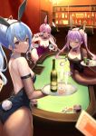  3girls absurdres alcohol animal_ears armpits backless_outfit blazer blue_eyes blue_hair breasts card cleavage colored_inner_hair earrings fake_animal_ears fishnet_pantyhose fishnets green_eyes hair_between_eyes highres holding holding_tray hololive horo_27 hoshimachi_suisei jacket jewelry large_breasts leotard long_hair looking_at_viewer low_twintails medium_breasts minato_aqua multicolored_hair multiple_girls open_mouth pantyhose playboy_bunny playing_card poker_chip poker_table ponytail purple_eyes purple_hair rabbit_ears rabbit_tail sitting smile star_(symbol) star_in_eye symbol_in_eye table tail tokoyami_towa tray twintails virtual_youtuber w 