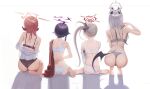  4girls artist_name aru_(blue_archive) ass back bare_arms bare_shoulders barefoot black_bra black_panties black_scrunchie blue_archive bra brown_horns butt_crack commentary_request demon_girl demon_horns demon_wings facing_away feet from_behind full_body greek_toe grey_hair hair_ornament hair_over_shoulder hair_scrunchie halo haruka_(blue_archive) highres horns kayoko_(blue_archive) long_hair low_wings multiple_girls mutsuki_(blue_archive) panties pink_hair pink_halo problem_solver_68_(blue_archive) purple_hair purple_halo red_halo rryiup scrunchie shirt short_hair side_ponytail signature simple_background single_wing soles squatting thong toes underwear underwear_only white_background white_bra white_panties white_shirt wings 