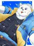  2023 anthro belly black_nose blep blush bottomwear canid canine canis clothing domestic_dog fur harumuname hi_res kemono legwear lifewonders live_a_hero male mammal overweight overweight_male pants shirt simple_background solo tongue tongue_out topwear vest white_body white_fur yohack 