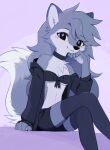  2023 anthro aseethe breasts canid canine canis clothed clothing digital_media_(artwork) female fur grey_body grey_fur hi_res looking_at_viewer mammal midriff ress_(ress_ue) signature smile solo white_body white_fur wolf 